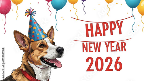 Festive Corgi Celebrates New Year 2026 with Balloons and Party Hat