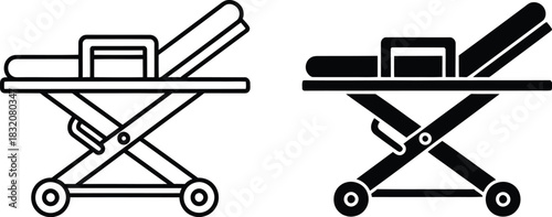 Vactor Black and white icons of a medical stretcher on wheels hospital bed ambulance