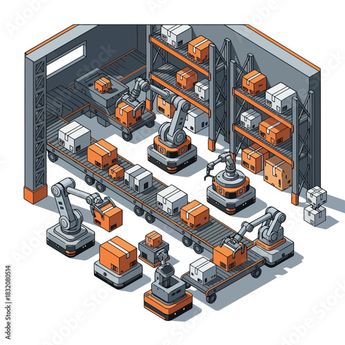 Automated warehouse with robotic arms and conveyor belts