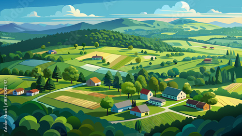 Very beautiful aerial view of expansive green forests and scattered homes near rural Tennessee, capturing lush summer foliage, open fields, and a peaceful countryside atmosphere under clear skies.