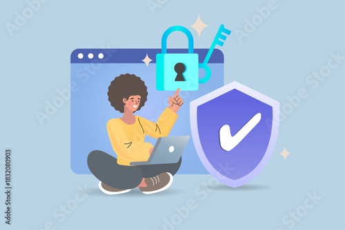 Happy user sitting with laptop, pointing at a secure lock and protection shield. Concept of safe internet browsing, data privacy, antivirus security, and verified login access.