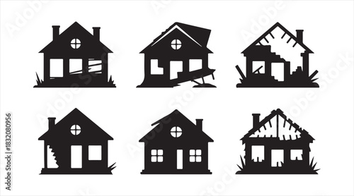 Black ruined house icon set showcasing various collapsing, haunted, and deteriorated buildings ideal for disaster or spooky themes.