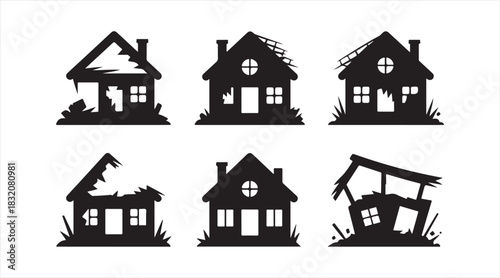 Solid silhouette icon collection of damaged and abandoned houses featuring cracked walls, broken roofs, and distressed architectural forms.