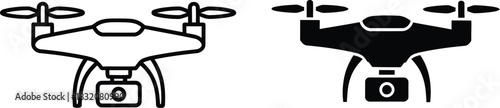 Vactor Black and white line art and silhouette icons of a drone with camera quadcopter