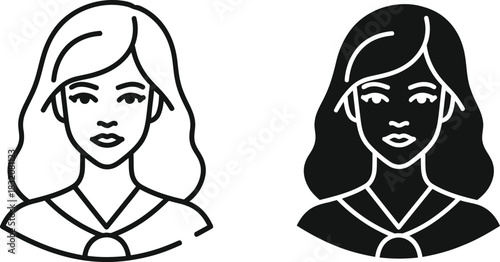 Vactor Black and white line art and silhouette icons of a woman's face and shoulders
