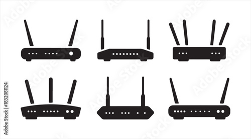 Minimal silhouette pack of wireless routers with antennas and ports, ideal for tech themes, digital communication visuals, and infographic use.
