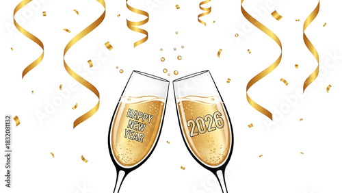Sparkling New Year 2026 Celebration with Champagne Toast and Golden Confetti