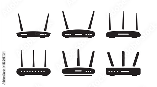 Black router icon set featuring multiple wireless device shapes for technology illustrations, networking graphics, and UI design elements.