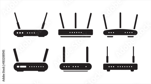 Solid WiFi router silhouette icon collection showing various wireless modem designs with antennas and network indicator details.