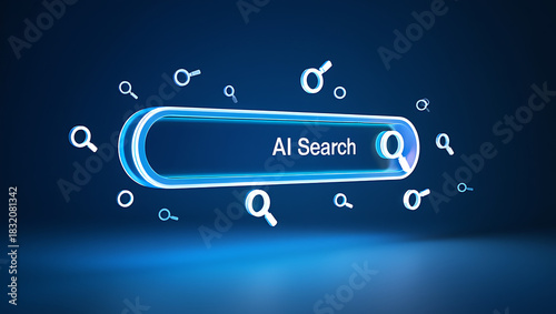Futuristic glowing ai search bar with magnifying glass icons floating around on a dark blue digital background representing artificial intelligence and online information retrieval