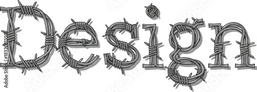Design word text concept made of sharp metallic barbed wire fence symbol of creative struggle and dangerous industrial grunge steel typography alphabet letters art.