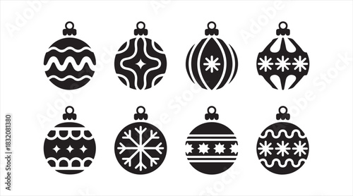 Black silhouette holiday ornament set showcasing decorative round baubles perfect for winter themes, greeting cards, and festive illustrations.