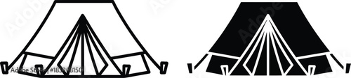 Vactor Black and white line art and silhouette of a camping tent shelter outdoor