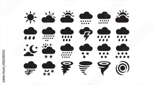 Black silhouette weather icon set showing varied atmospheric conditions including lightning, snowfall, tornadoes, and wind gusts.