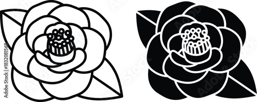 Wallpaper Mural Vactor Black and white line art and silhouette of a camellia flower with leaves floral Torontodigital.ca