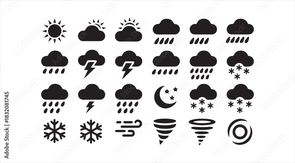 Obraz premium Solid weather symbol collection with sun, rain, clouds, storms, snow, wind, and extreme climate icons for forecasts and digital interfaces.