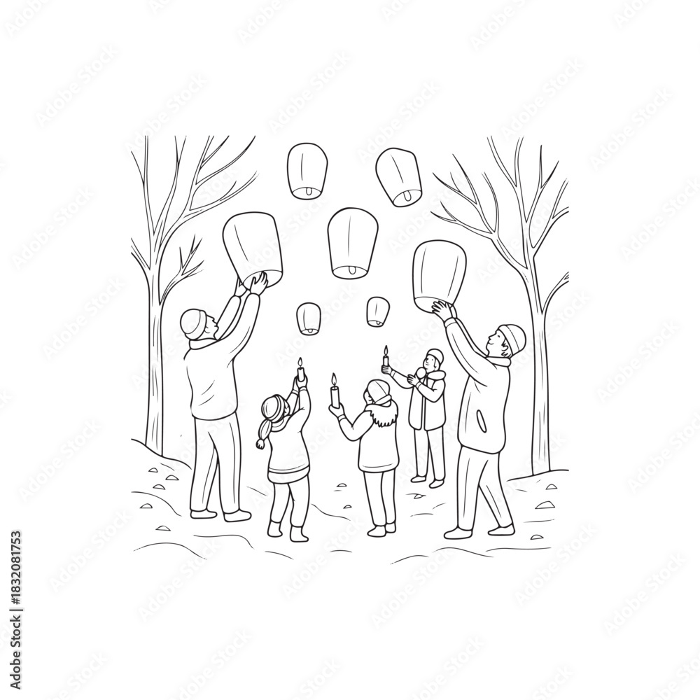 Naklejka premium Snow & Candlelight Celebration – Minimal Line‑Art Vector