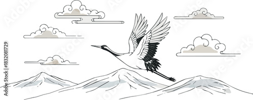 Japanese minimal background vector. Wallpaper design with crane bird, mountain, cloud line art on light background. Illustration for cover, banner, website, package, deco interior