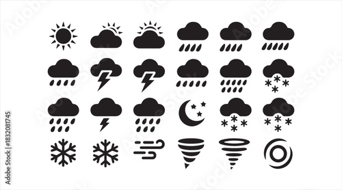 Solid weather symbol collection with sun, rain, clouds, storms, snow, wind, and extreme climate icons for forecasts and digital interfaces.