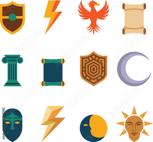 Set of ancient symbols and mythological creatures shield