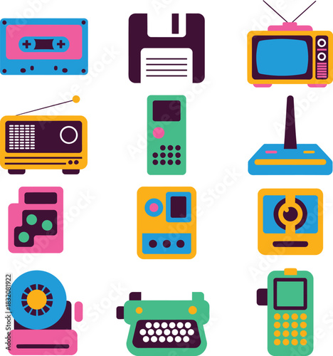 Retro technology icons in bright colors cassette tape