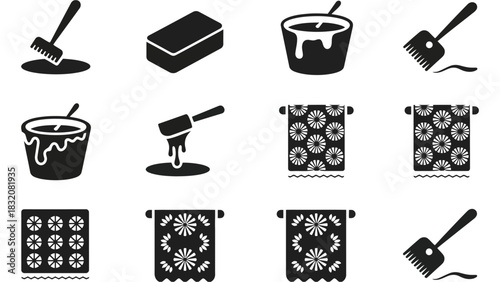 Black and white images of painting supplies and patterned towels icons
