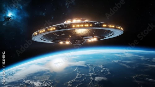 UFO plate futuristic spaceship hovering over planet earth. Unidentified flying object and alien invasion or space travel concept. Generative AI