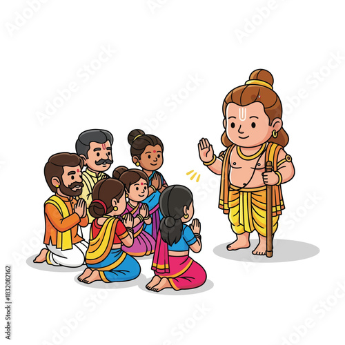 Adorable Ramayana illustration of Lord Rama blessing devotees in traditional Indian clothing, perfect for cultural events and festive greetings