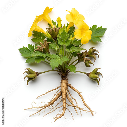 Devil’s claw plant with yellow flowers and claw fruits
