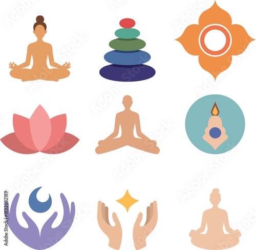 Yoga meditation lotus flower and zen stones icons vector