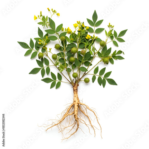 Gokshura root plant with yellow flowers and spiny fruits