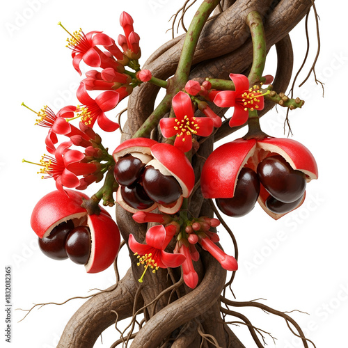 Guarana vine with roots, red flowers and red berries
