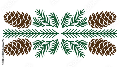 Symmetrical arrangement of pine cones and evergreen branches on white