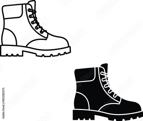 Vactor Black and white line art and silhouette of a lace up work boot lace up boot footwear