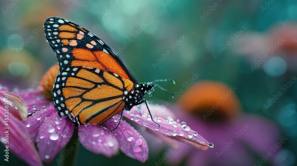 Fototapeta premium Monarch butterfly with dew drops on purple flower in nature after rain. Beautiful insect macro close up for summer garden concept.