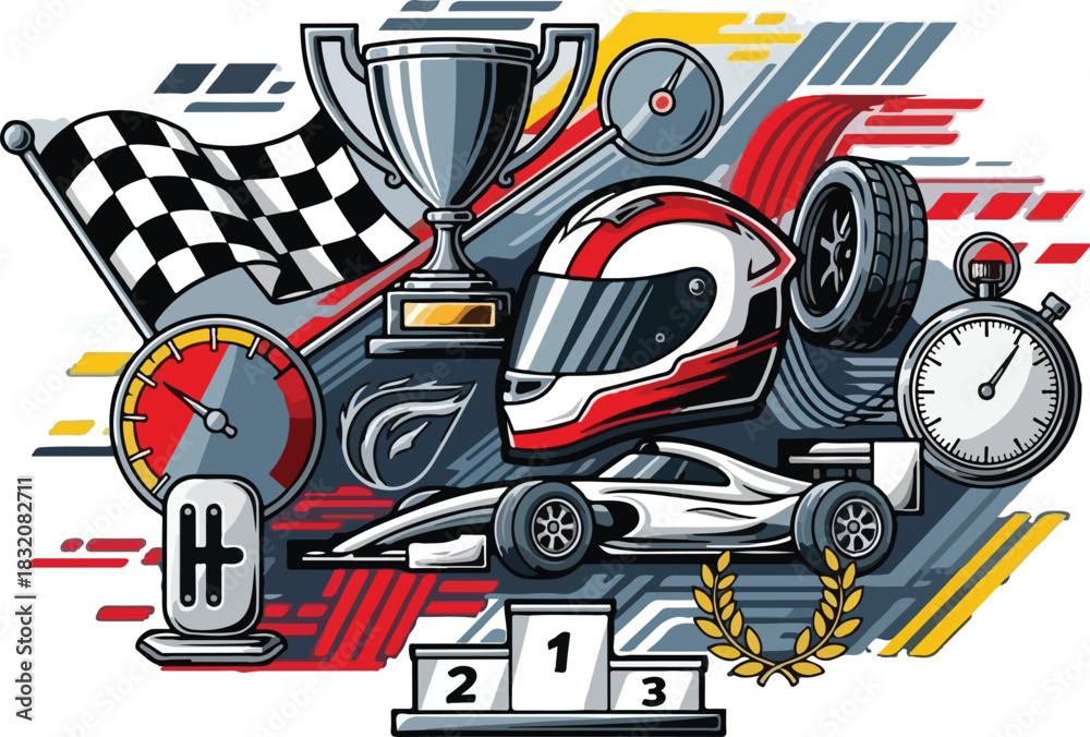 Naklejka premium Dynamic Formula One Racing Sports Illustration Collage with Trophy, Helmet, Race Car, and Checkered Flag