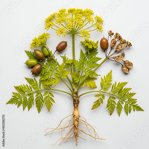Hingu mature plant with roots yellow flowers and capsule fruits