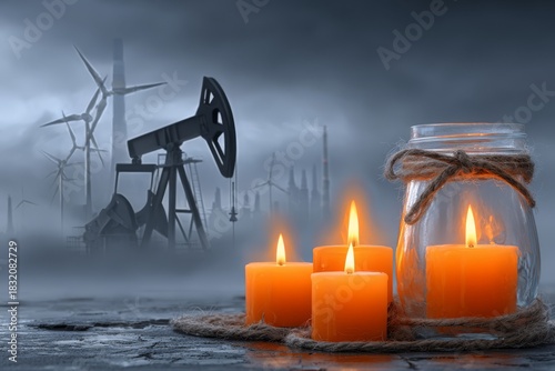 Conceptual image of burning candles, orange and gray, symbolizing the energy crisis and the choice between fossil fuels and renewables