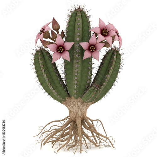 Hoodia gordonii mature cactus with roots and pink star flowers