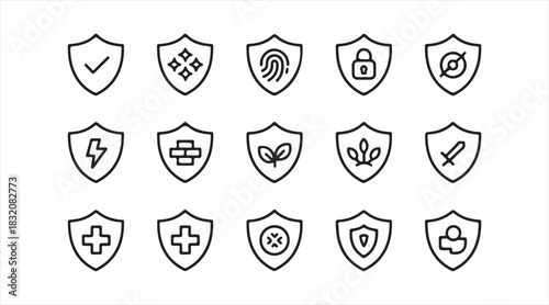 Minimal outline shield symbol pack featuring various security, safety, and protection concepts for digital and print design use.