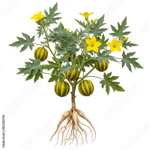 Indravaruni mature plant with yellow star flowers isolated