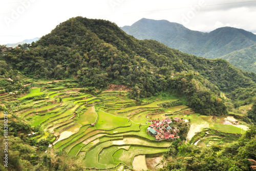 Scenic view of the village of Bangaan and the many rice terraces, fields around it, close to Banaue, Luzon, Philippines