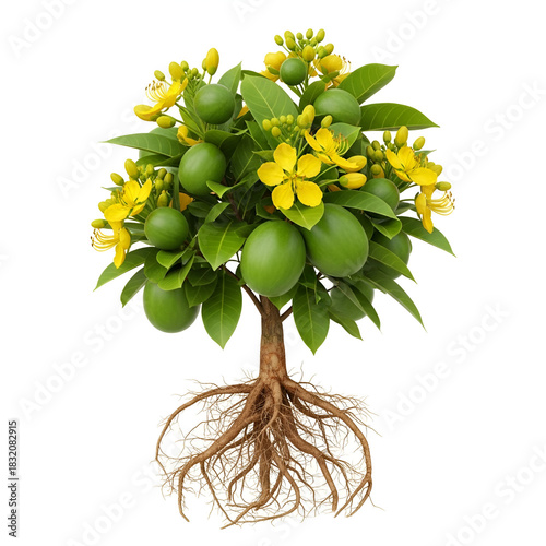 Kalindi fruit plant with yellow flowers and green oval fruits