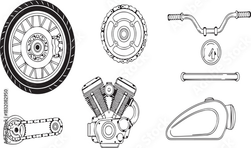 Black and White Line Art Vector Collection of Isolated Motorcycle Parts