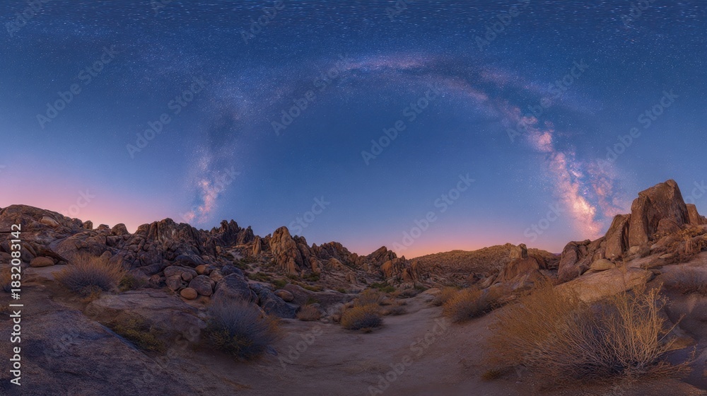 Obraz premium Milky Way arc over desert rock formation. Night sky landscape with stars and galaxy for nature background. Astronomical display for wallpaper.