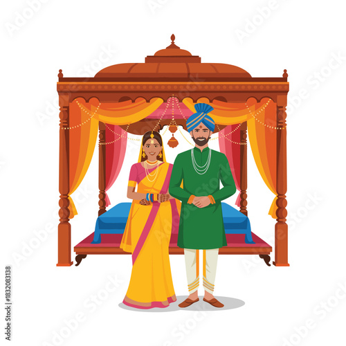 Traditional South Indian Wedding Couple with Decorative Mandap Stage – Vector Illustration
