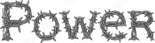 Power word typography design made of twisted metallic barbed wire with sharp steel spikes.