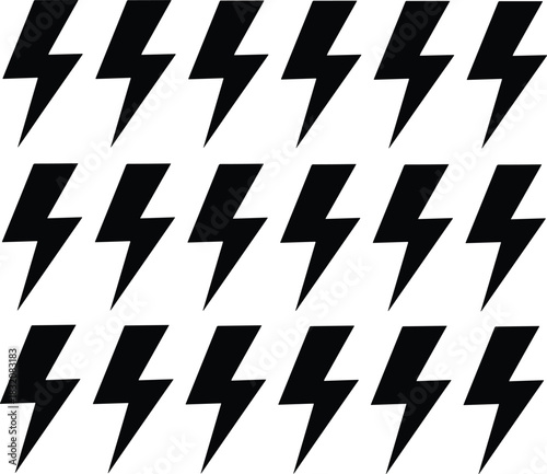Lightning bolt icon vector silhouettes collection, set of various thunder, electric, power, warning, hazard, and flash symbols, perfect for energy and danger design elements.