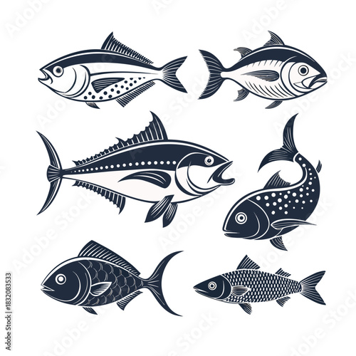 Seafood Fish Vector Icons Set. Marine, Ocean, or Logo Design Elements.