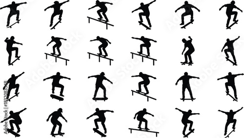 Skateboarder extreme sports vector silhouettes collection, set of various dynamic poses performing ollie, grinding, kickflip tricks, and freestyle stunts, isolated on white.